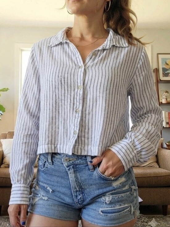 Christian Siriano Tops - Christian Siriano White and Gray Striped Button-Down 100% Linen Shirt